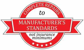 Badge that says Complete Repairs to Manufacturer's Standards not Insurance Minimums